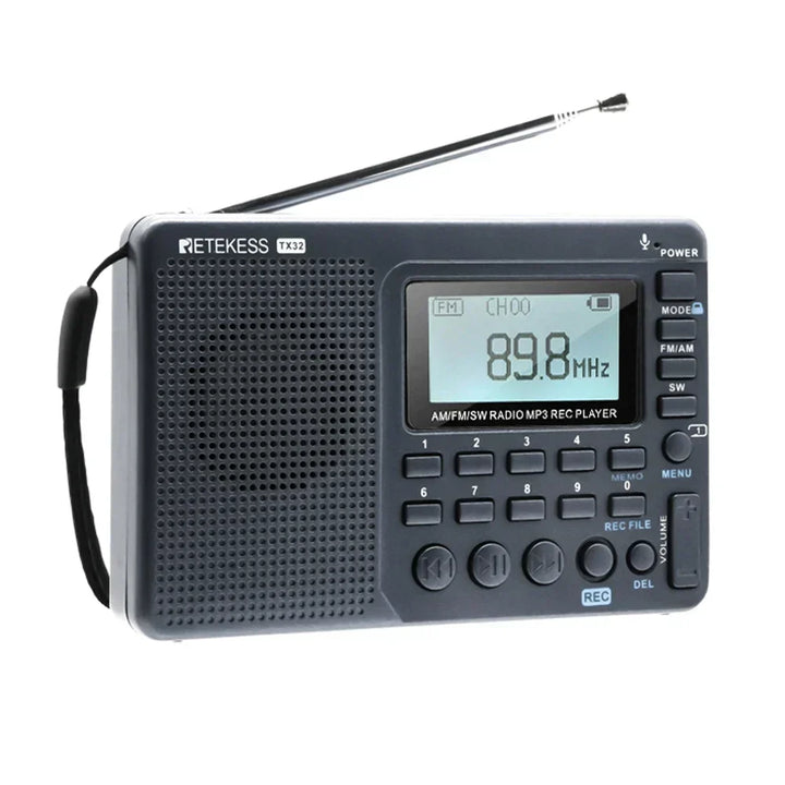 Compact EchoWave AM/FM/SW portable radio, ideal for travel & home, with rechargeable battery.
