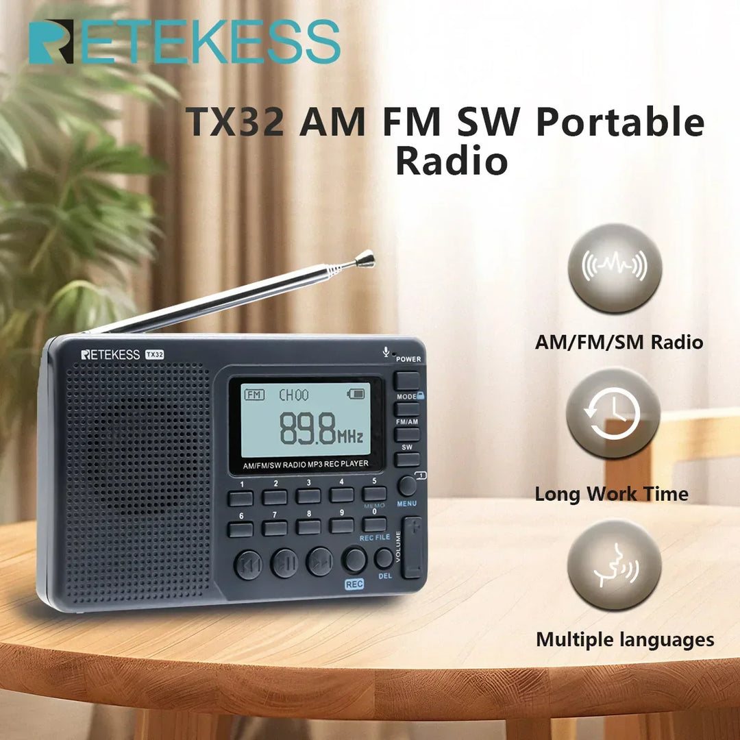 Durable portable shortwave radio for outdoor adventures & emergencies, featuring AM/FM bands & bass speaker.