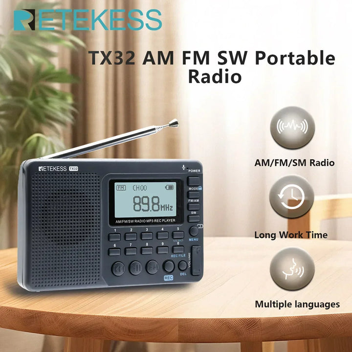Durable portable shortwave radio for outdoor adventures & emergencies, featuring AM/FM bands & bass speaker.