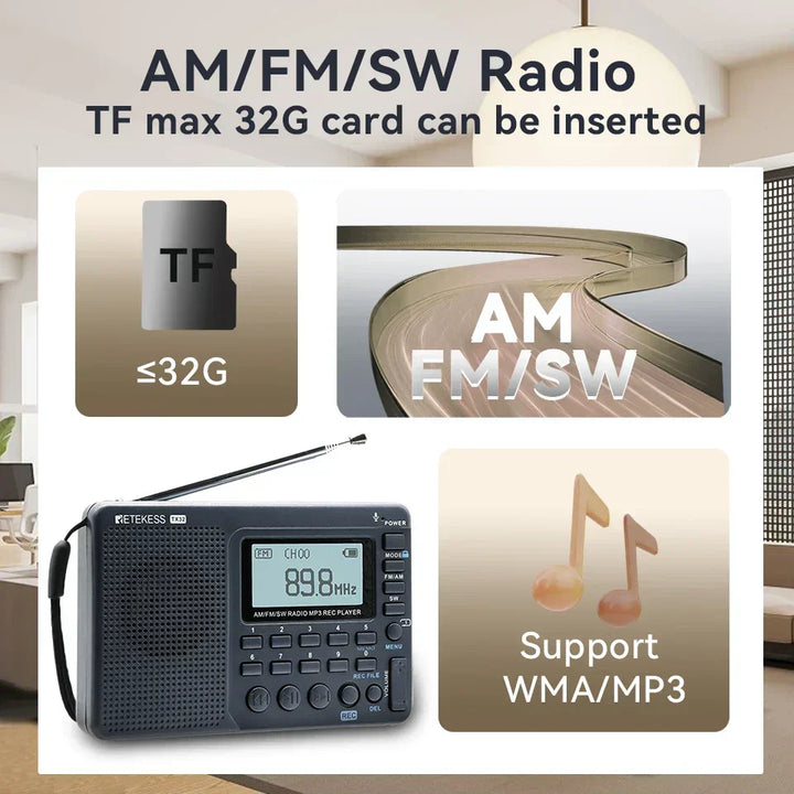EchoWave compact AM/FM/SW radio with recording function, perfect for travel, camping & daily listening.