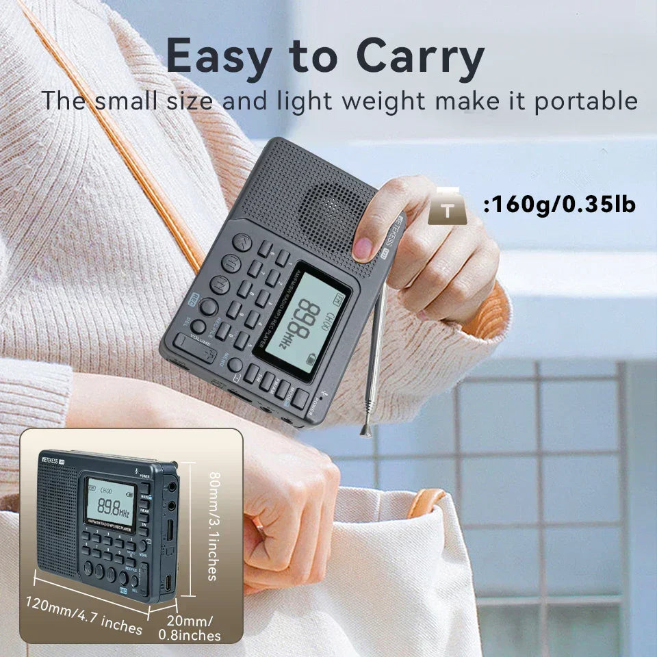 Compact shortwave radio with strong bass speaker, EchoWave model, perfect for rich audio on the go.
