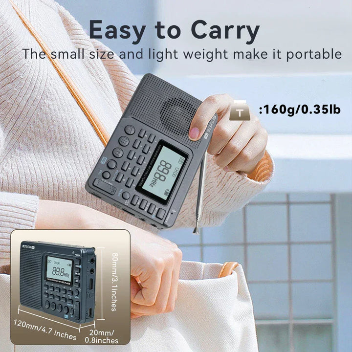 Compact shortwave radio with strong bass speaker, EchoWave model, perfect for rich audio on the go.