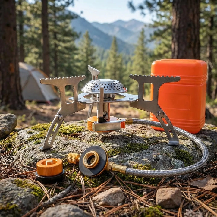 Compact folding gas stove, perfect for outdoor camping, hiking, & backpacking cooking. Portable camp gear.
