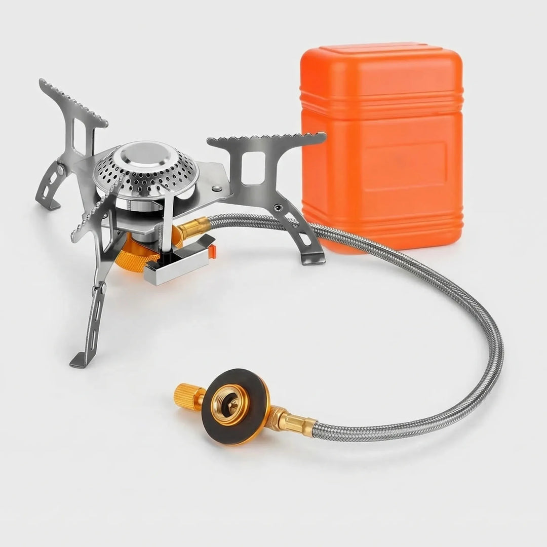 Lightweight portable gas stove for efficient outdoor cooking. Folding design ideal for hiking & survival gear.