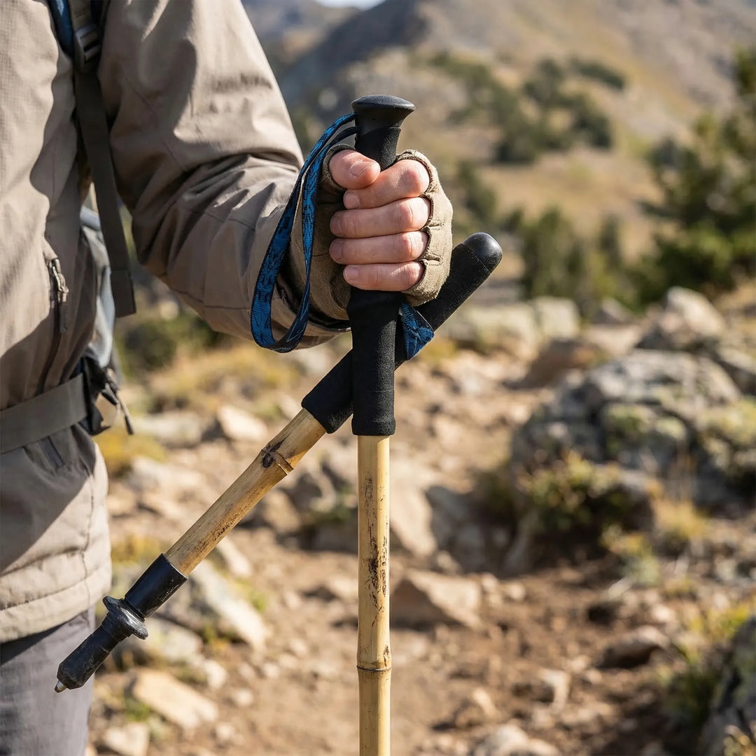 Compact folding trekking pole for hiking & walking. Lightweight outdoor trail gear, unisex design.