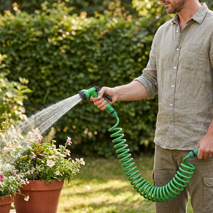 Compact green coiled garden hose for tangle-free watering and easy storage in home gardens.