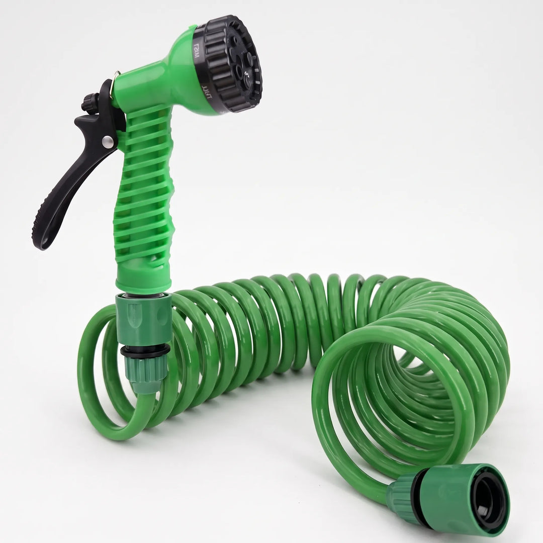 Flexible coiled garden hose for efficient lawn care, yard work, car wash, and irrigation without kinks.