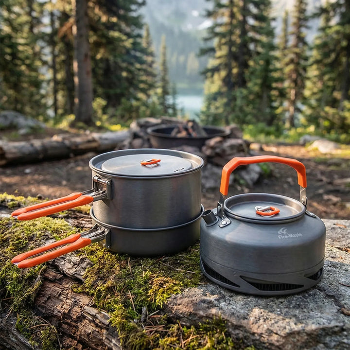 Compact heat exchanger camping cookware set with pot & lid. Ideal for fuel-efficient outdoor cooking & backpacking.