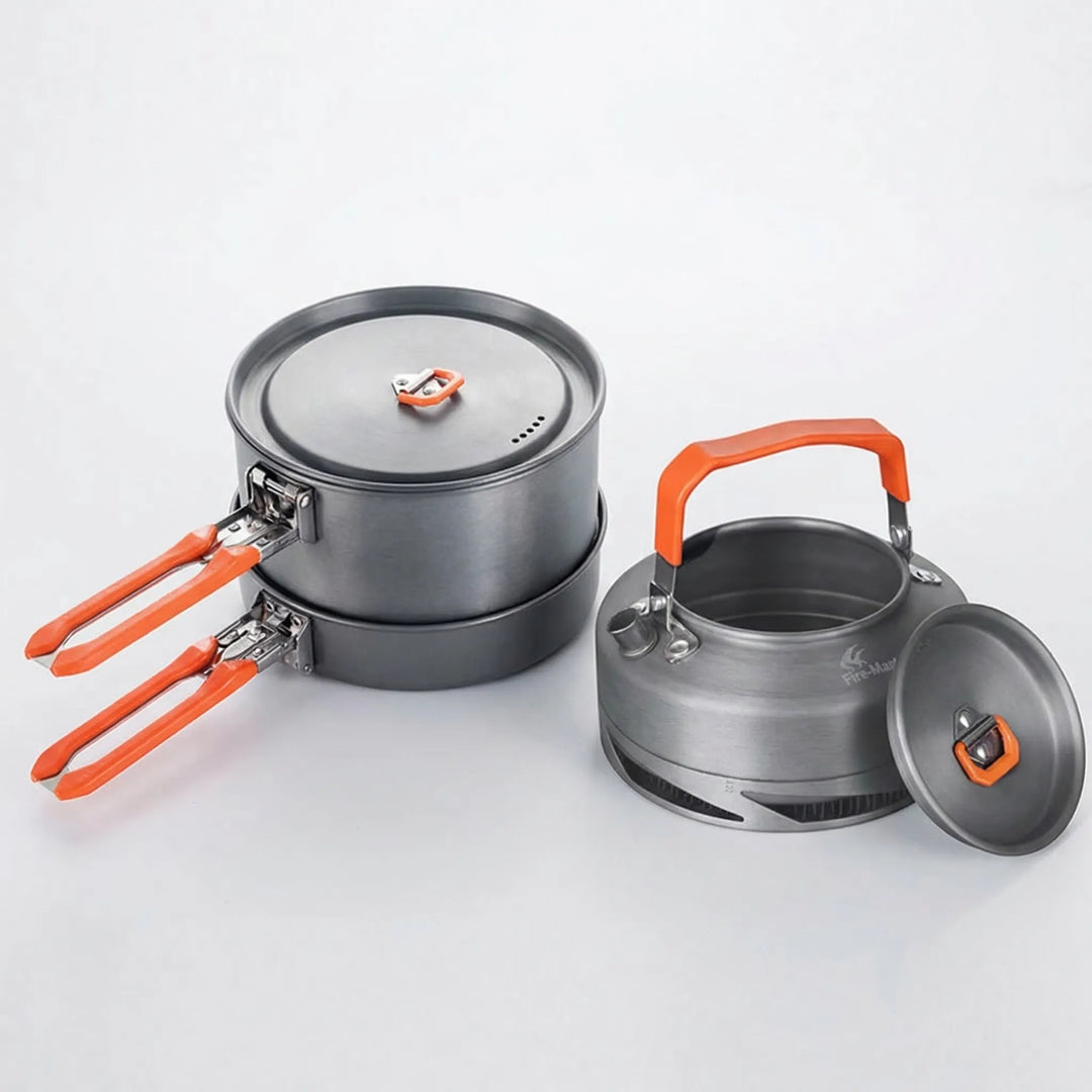 Portable heat exchanger pot & kettle set for camping, hiking, & backpacking. Nonstick camp kitchen gear.