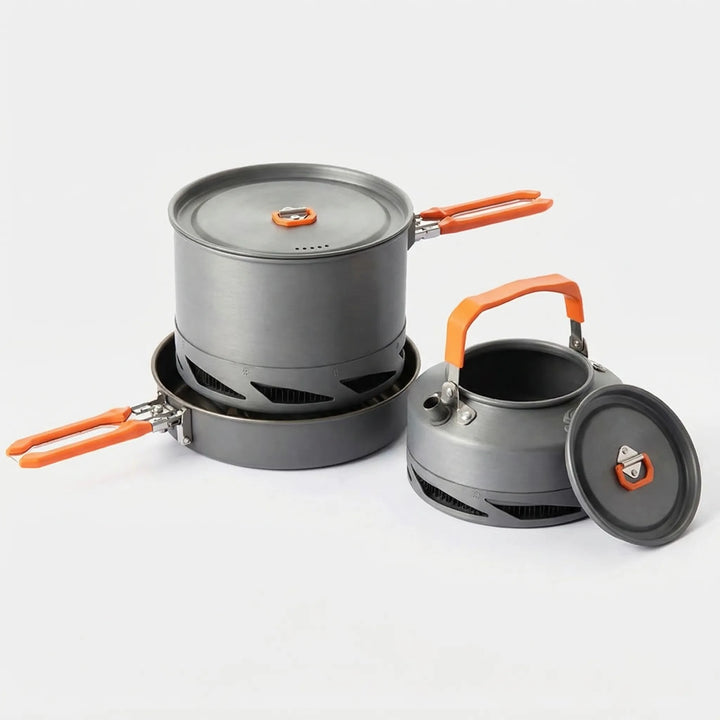 Lightweight heat exchanger camping cookware set. Essential backpacking gear for quick, efficient outdoor meals.
