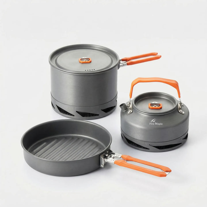 All-in-one heat exchanger camping pot & kettle set for efficient outdoor cooking. Perfect portable camp kitchen gear.