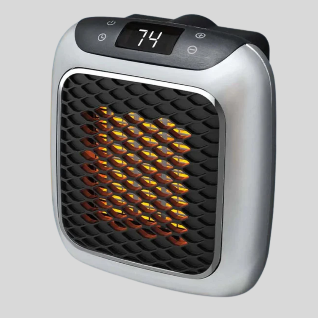 Compact personal ceramic heater with digital display. Ideal portable electric space heater for desk, office, or home warmth.