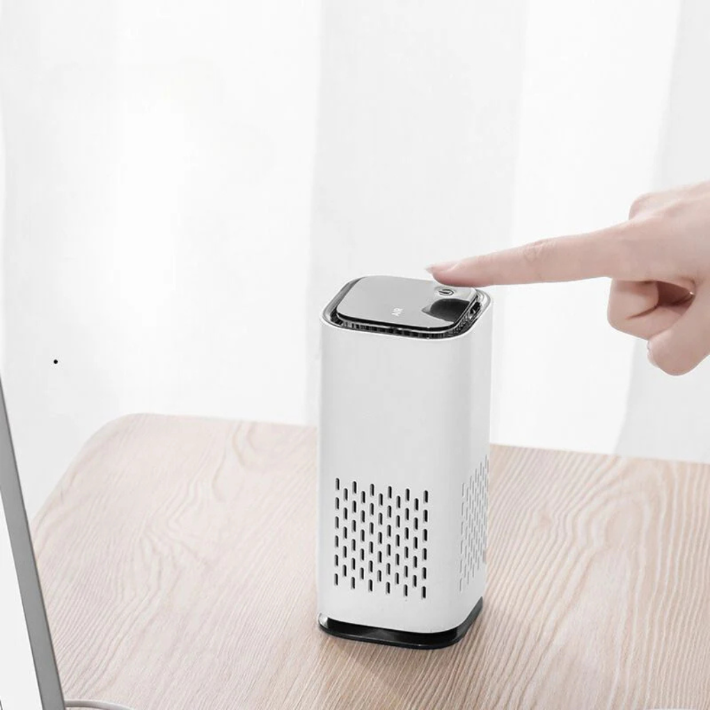 Front view of a sleek pet air purifier, featuring silent operation and HEPA filtration for pets