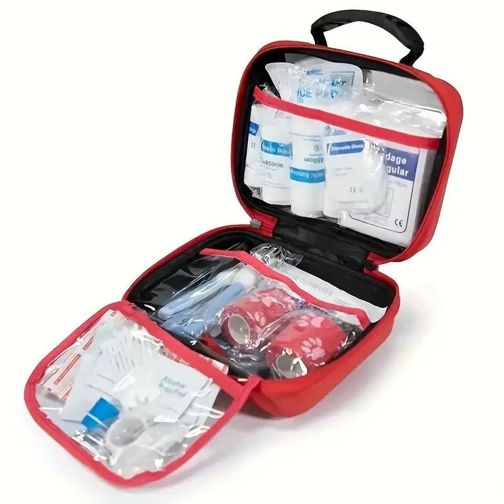 Compact pet first aid kit for dogs & cats, red portable bag with essential vet supplies for animal safety
