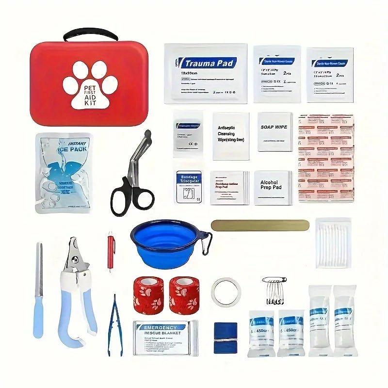 Essential pet first aid kit, zippered red pouch, open showing bandages, wipes, and tools for dog & cat care