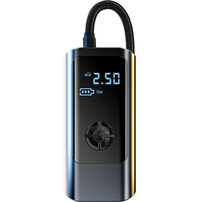Compact portable air compressor with digital display, perfect for inflating car tires, bike tires, and inflatables.