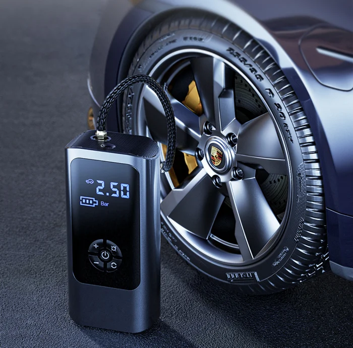 Cordless 12V portable air compressor & tire inflator. An essential emergency tool for automotive and recreational use.