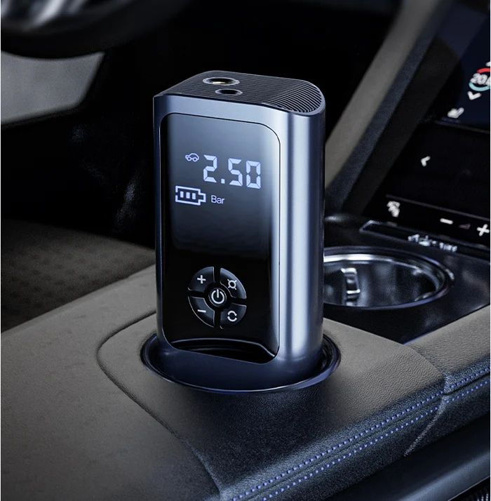 Dual power car pump & bike pump with digital display for accurate tire inflation. A versatile automotive accessory.