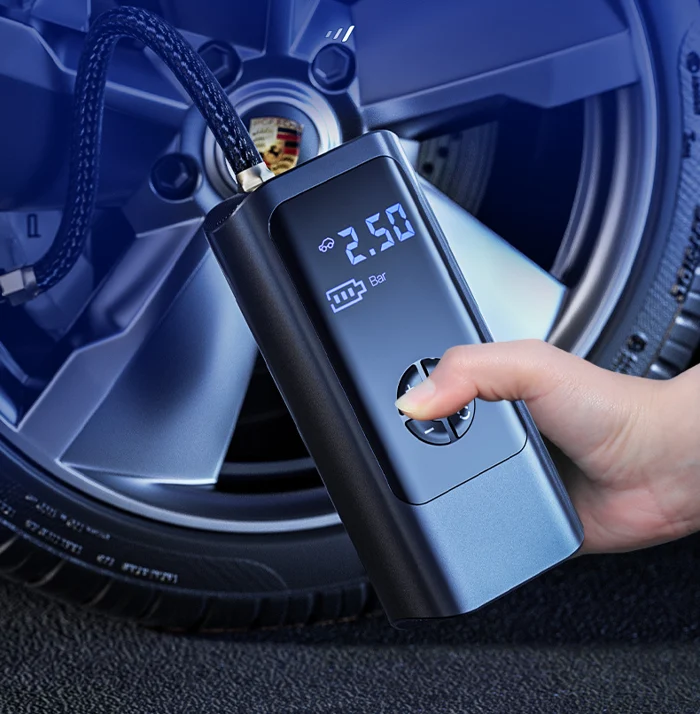 Fast & efficient portable air compressor with dual power, ideal for car, bike tires, and various inflatables.