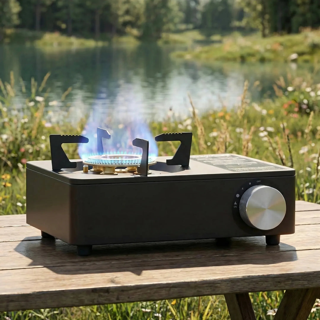 Compact portable camping gas stove for outdoor cooking, perfect for backpacking & hiking trips. High output single burner.