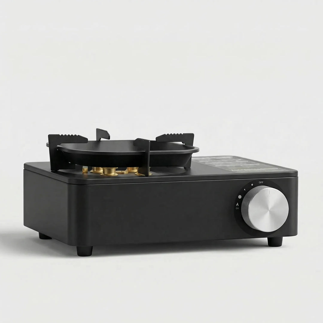 Sleek black portable butane camping stove with sturdy pot support. Ideal single burner for camp kitchen outdoor cooking.