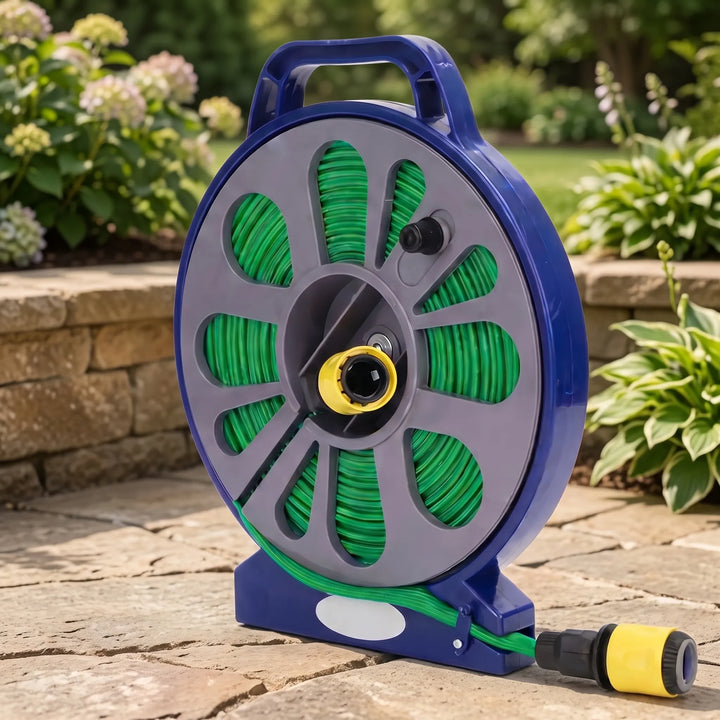 Compact portable garden hose reel, ideal for easy yard watering & outdoor irrigation.