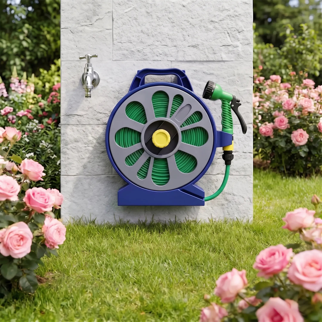 Portable flat garden hose reel with quick connect, perfect for compact watering systems & yard care.