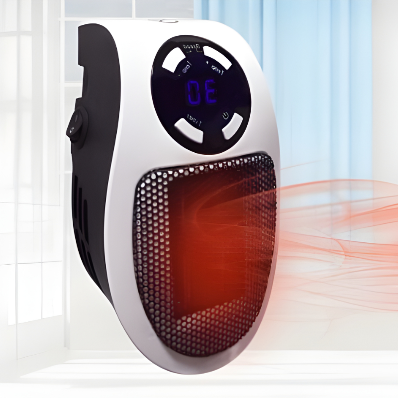 Compact portable personal electric heater with clear digital display, ideal for desk, office, or small spaces.