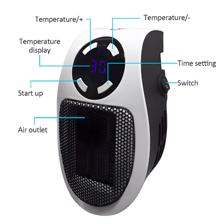 Safe portable electric space heater with digital display, offering convenient personal heating for home or office use.