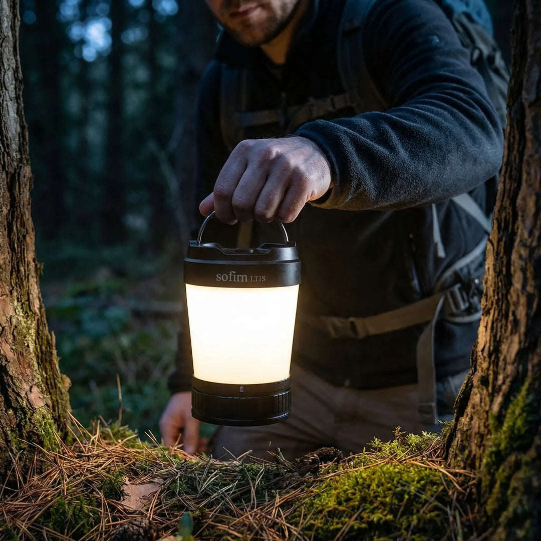 Compact rechargeable LED camping lantern with power bank, perfect for hiking and outdoor adventures.