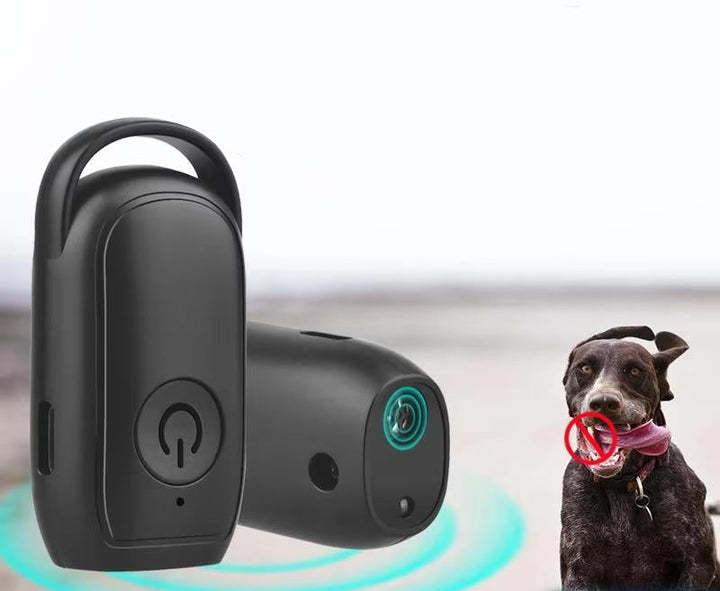 Rechargeable ultrasonic barking deterrent in black, a compact pet training aid for effective dog control.