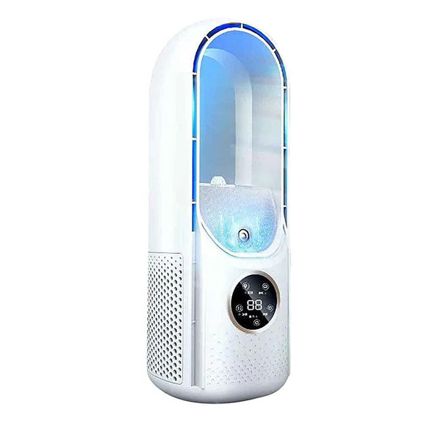Compact, silent, bladeless portable AC for personal cooling in home or office. USB powered mini desk fan.