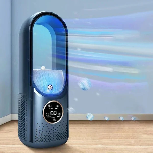Personal portable air conditioner. Bladeless silent mini AC, USB desk fan for efficient home & office cooling.