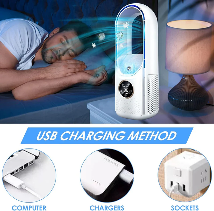 Silent, bladeless, compact portable AC & personal cooler for home or office. USB powered desk fan.