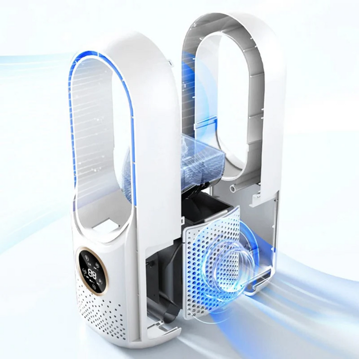 Energy-efficient USB portable mini AC with bladeless silent fan for personal home & office cooling.