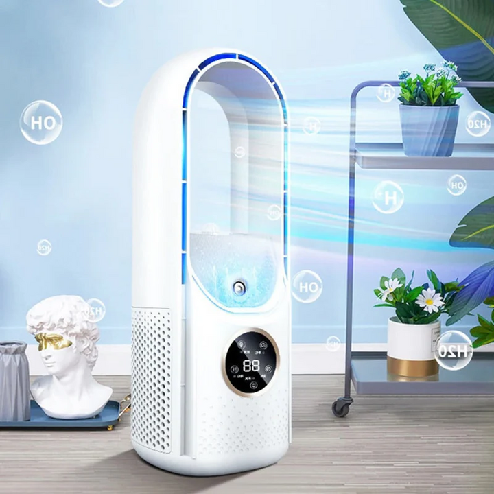 Summer essential: Quiet, bladeless portable AC & USB desk fan for personal cooling in home or office.