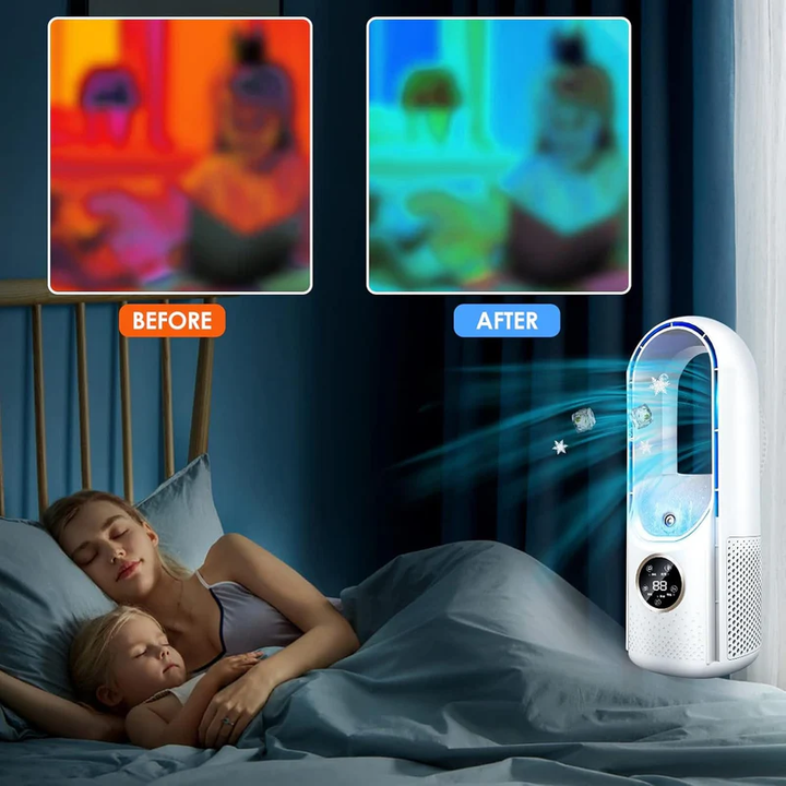 Compact & silent bladeless portable air conditioner for personal cooling. Ideal USB desk fan for home & office.