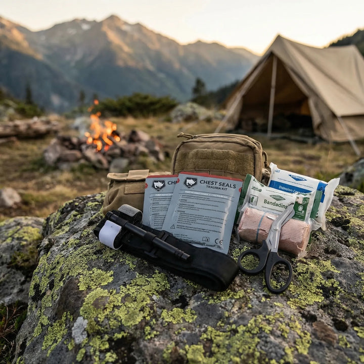 Compact Tactical Emergency First Aid Kit (IFAK) for medical response & outdoor survival. MOLLE compatible.