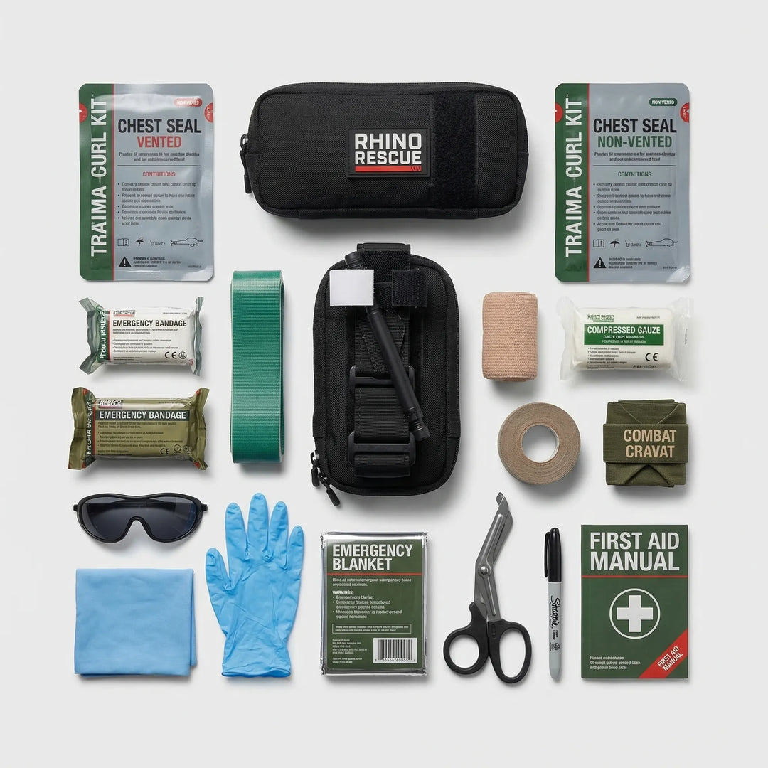 Durable Tactical Trauma First Aid Kit with essential survival supplies. Ideal for emergency preparedness & outdoor safety.