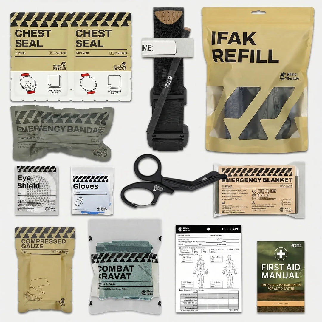 Essential Trauma First Aid Kit. Tactical medical response gear for emergency preparedness & outdoor survival.