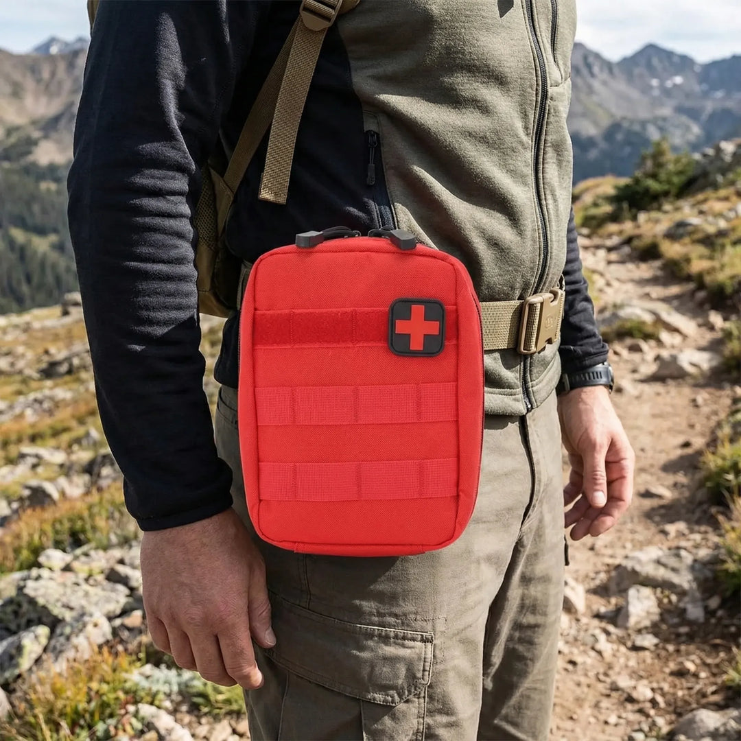 Compact tactical first-aid pouch with MOLLE straps, ideal for hiking, camping, and emergencies. Outdoor gear.
