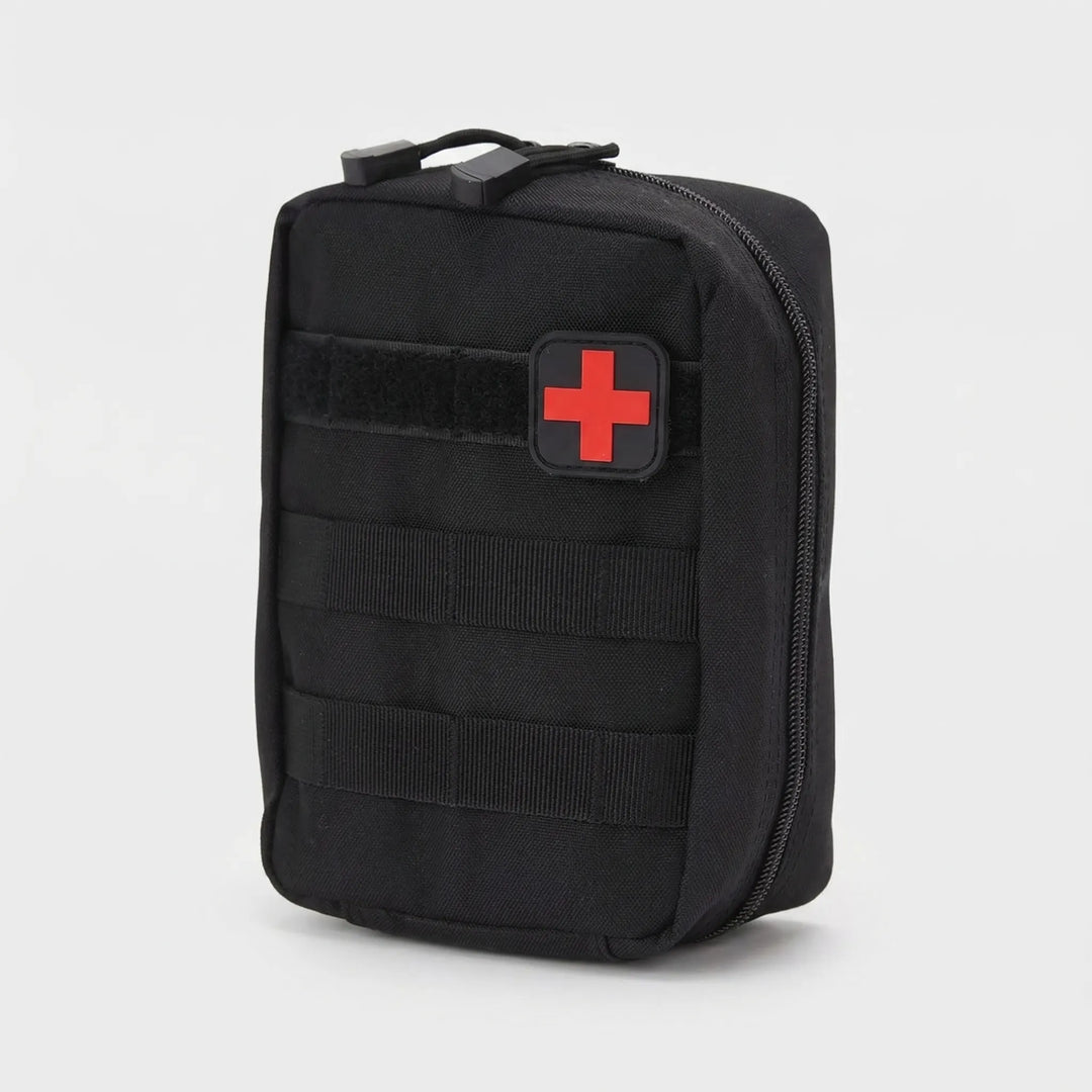 Rugged tactical first-aid pouch, a vital part of any outdoor survival or emergency preparedness kit. Hiking accessory.