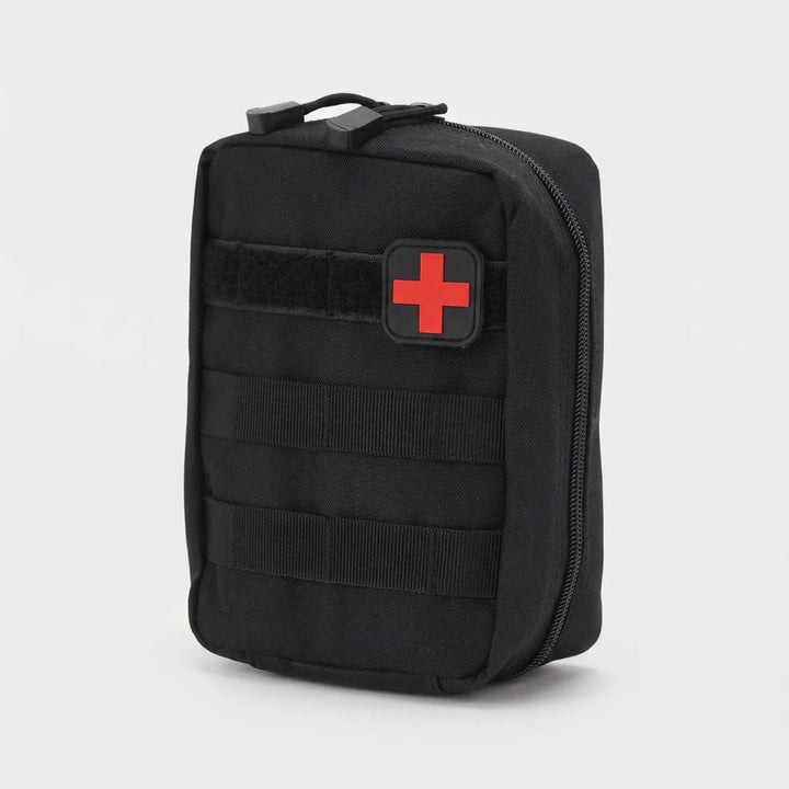 Rugged tactical first-aid pouch, a vital part of any outdoor survival or emergency preparedness kit. Hiking accessory.