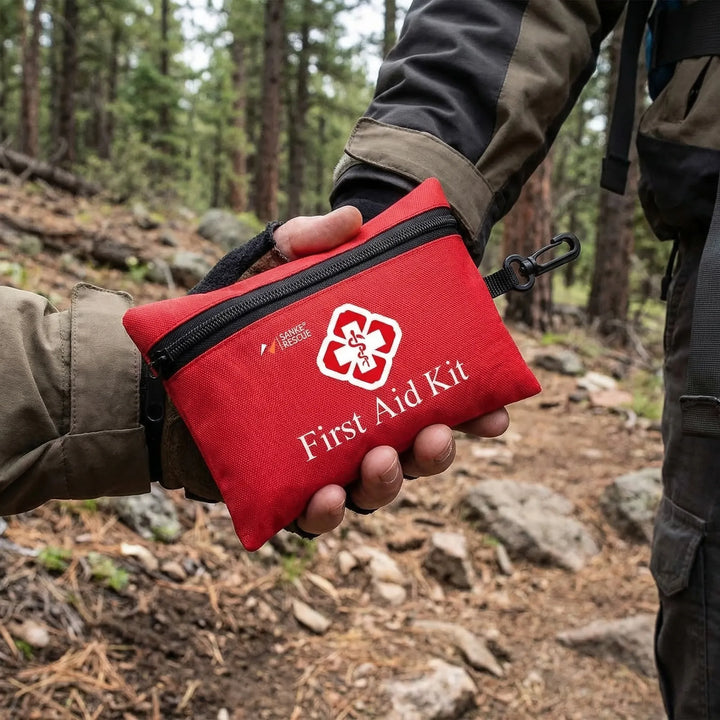 Compact unisex first aid kit with 110 essential medical supplies for travel, car, camping, and hiking emergencies.