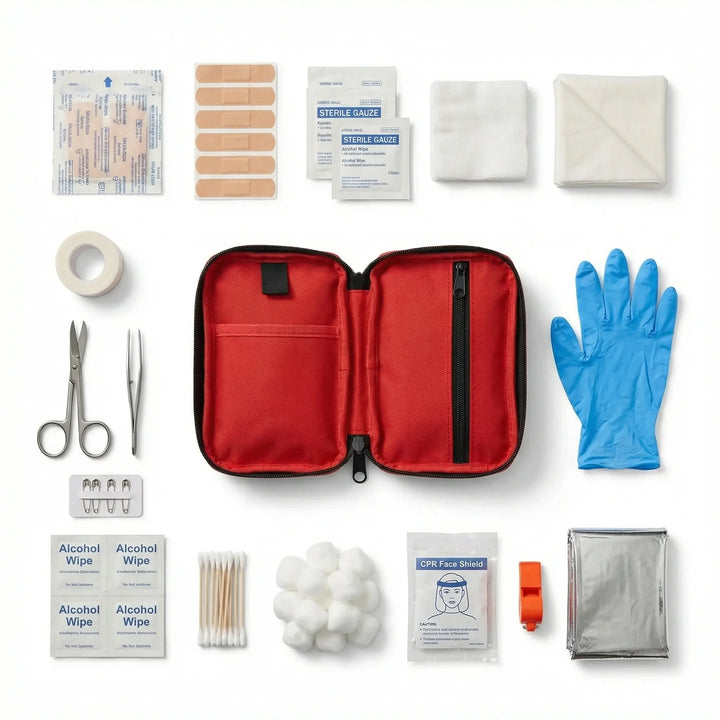 Unisex compact first aid kit for car safety, camping, hiking, and travel, containing 110 essential medical items.