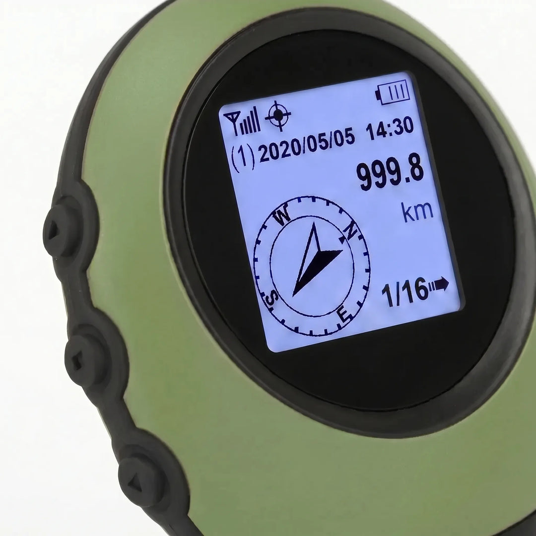 Handheld satellite GPS navigator, essential hiking gear with digital compass for precise off-grid outdoor navigation.