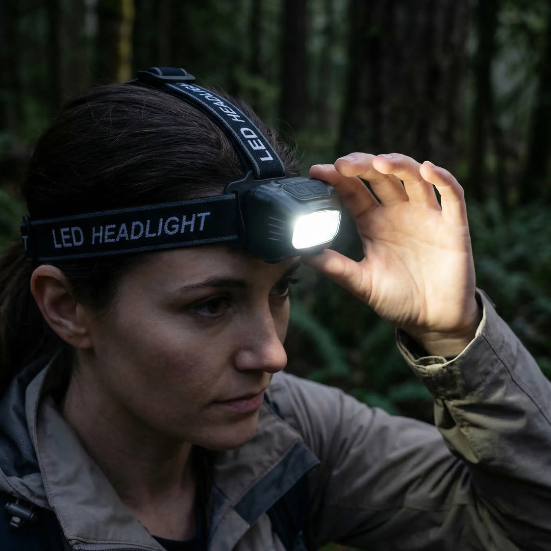 Compact unisex LED headlamp for hands-free outdoor activities like camping & hiking. Rechargeable flashlight.