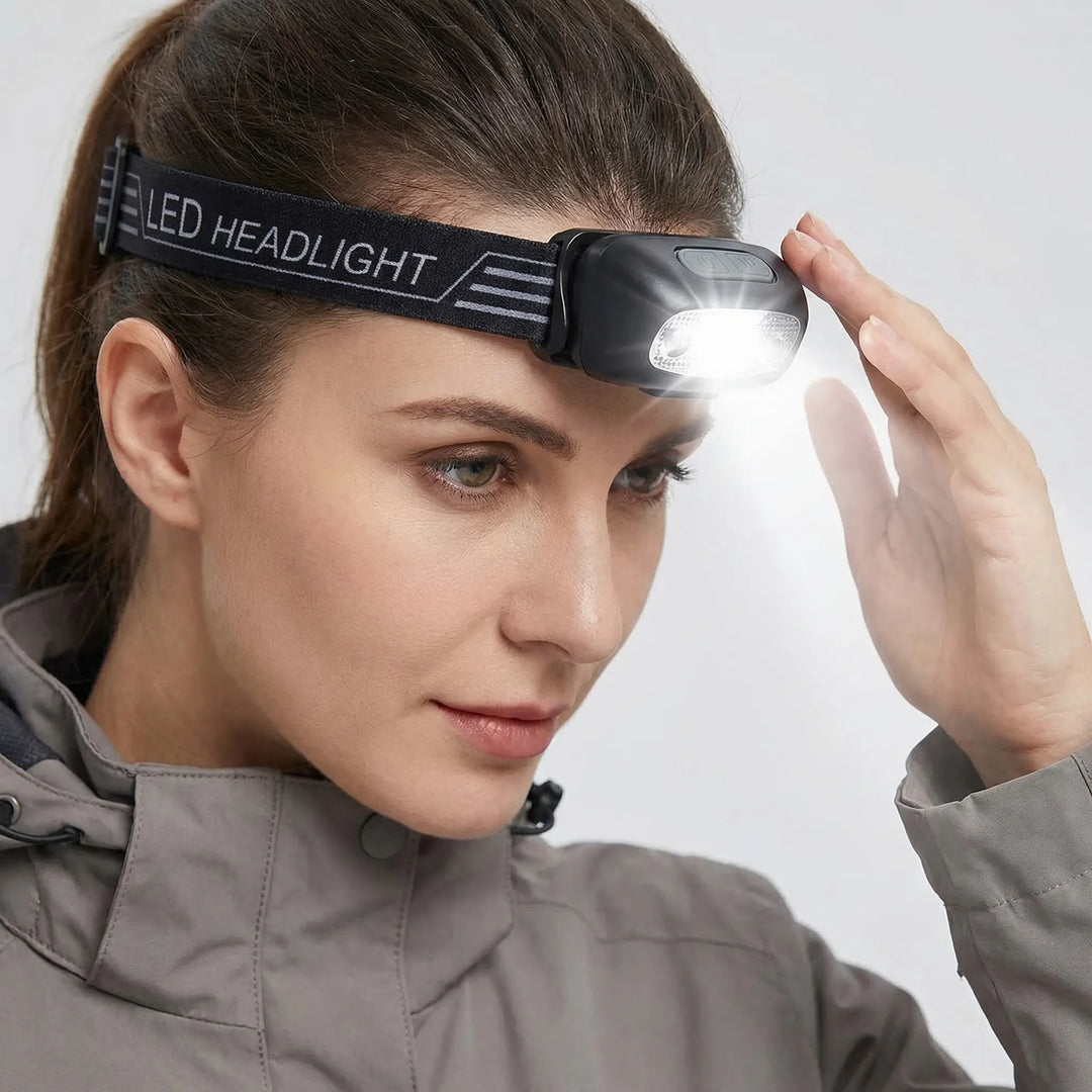 Bright LED headlamp, compact & lightweight, perfect for hands-free night fishing, hiking, or running.