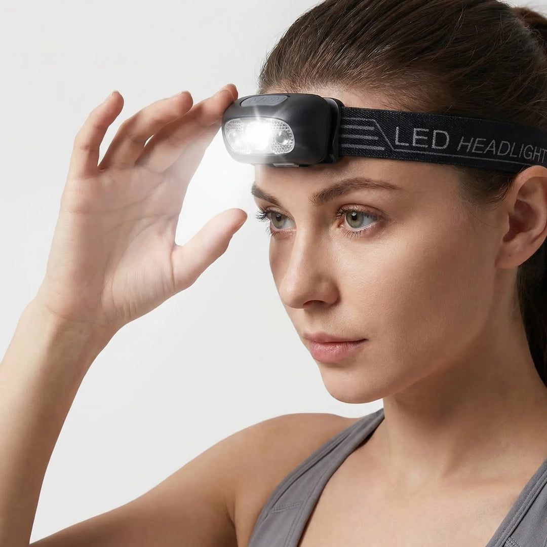 Versatile compact LED headlamp. Hands-free flashlight for hiking, fishing, and general outdoor use. Rechargeable.