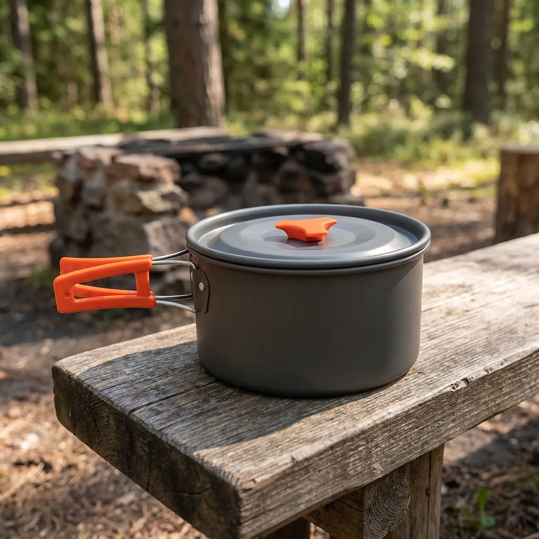 Compact unisex outdoor camping cookware set, lightweight anodized aluminum for backpacking and hiking.